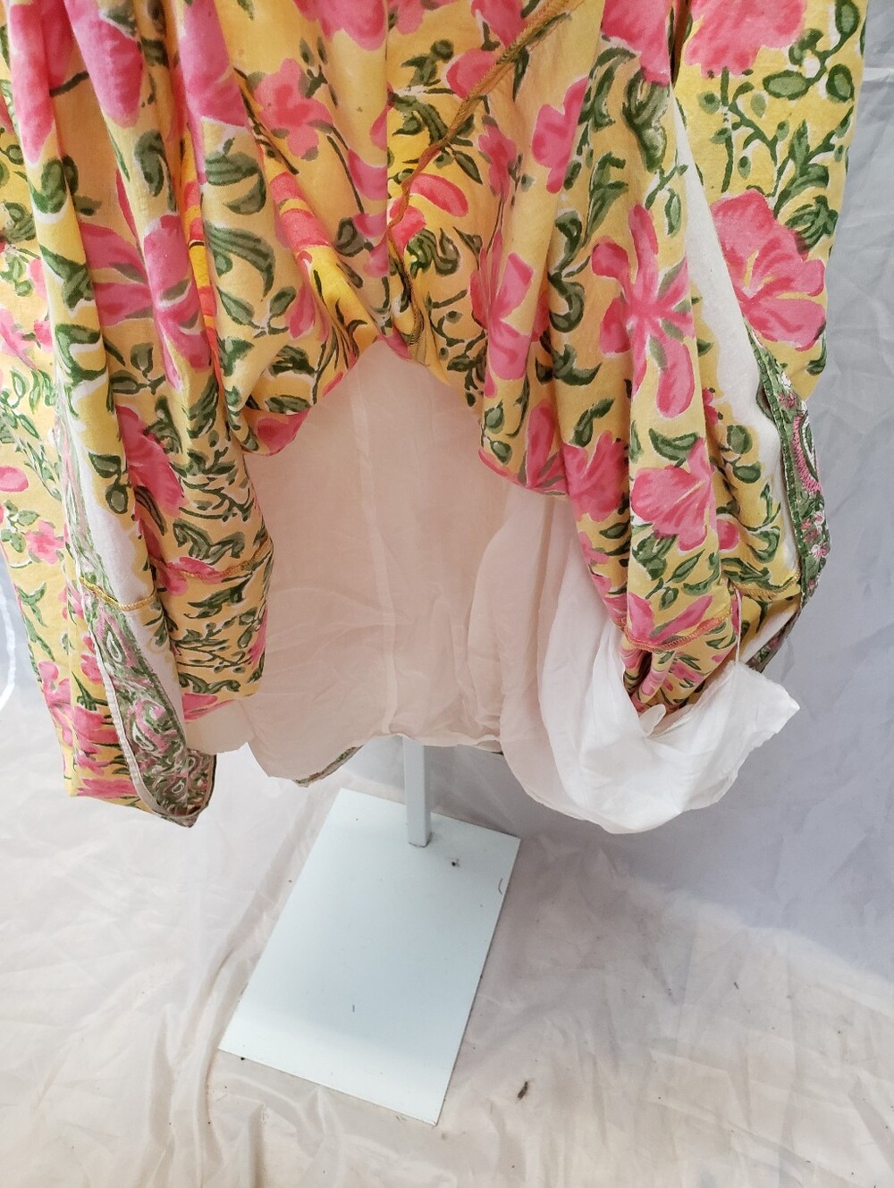 eShakti Yellow Pink Floral Ruched Empire Waist Midi Dress Pockets - Picture 8 of 11